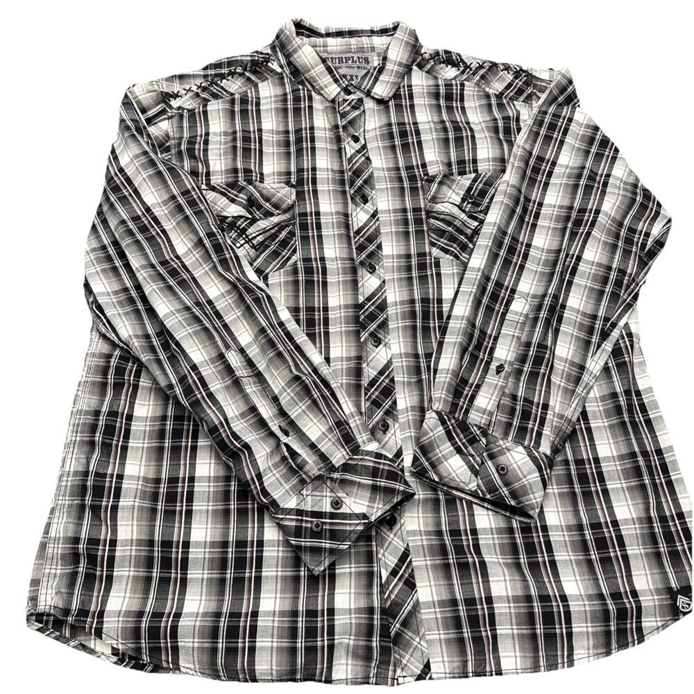 Surplus Gray Black Plaid Shirt Mens XXL Long Sleeve Button Up Y2K Cotton